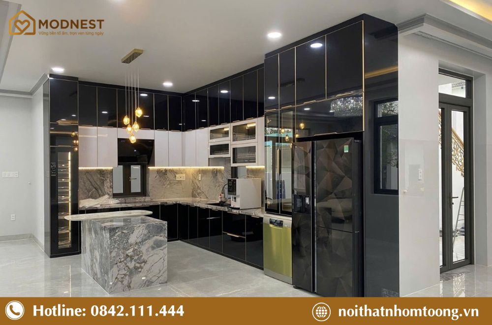 Tủ bếp nhôm tổ ong được thiết kế theo phong cách hiện đại